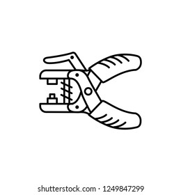 Black & white vector illustration of grommet pliers. Line icon of eyelets installer. Isolated object on white background