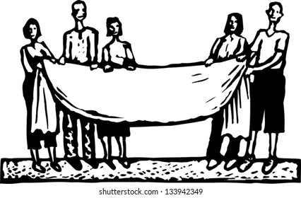 Black and white vector illustration of a group of teens holding a banner