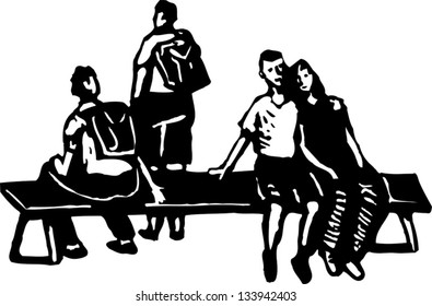 Black and white vector illustration of a group of teens at school