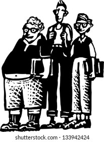 Black and white vector illustration of a group of teen boys