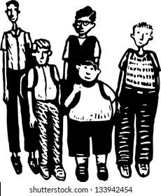 Black and white vector illustration of a group of teen boys