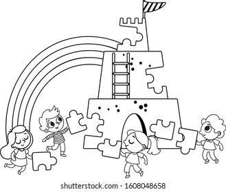 Black and White Vector Illustration. Group of children joining forces to built a castle made of jigsaw pieces. 
