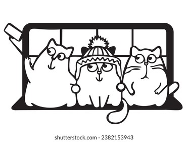 Black and white vector illustration of a group of cats in a hat and scarf.