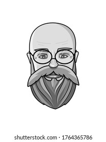 Black and white vector illustration of grown man's face. Hipster icon. Old handsome bearded metro sexual man. Grandfather with eyeglasses.