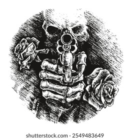 Ilustración vectorial en blanco y negro en estilo grunge. Esqueleto con un revólver rodeado de rosas