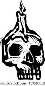 Black and white vector illustration of Halloween skull with burning candle