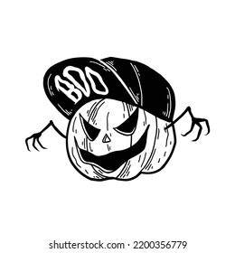 Black and white Vector Illustration Halloween Pumpkins Cartoon Wear snapback with text boo. Rocker jack o lantern perform punk music