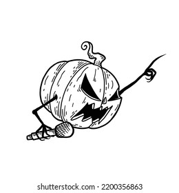 Black and white Vector Illustration Halloween Pumpkins Cartoon Singing with microphone on his hand. Rocker jack o lantern perform punk music at halloween party