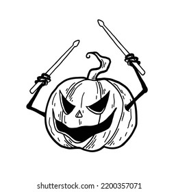 Black and white Vector Illustration Halloween Pumpkins Cartoon Holding drum stick in his hand. Rocker jack o lantern perform punk music