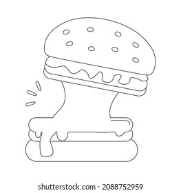 Ilustración vectorial en blanco y negro de hamburguesa con salsa de queso para libro de colorear y garabatos