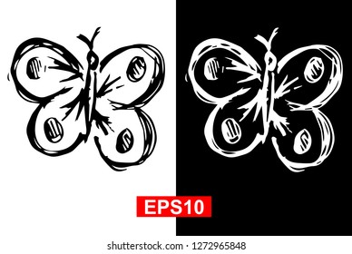 Black and White Vector Illustration of Hand Drawn Sketch of Butterfly Icon on Isolated Background