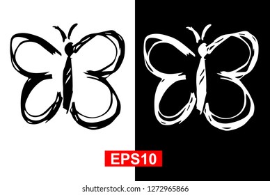 Black and White Vector Illustration of Hand Drawn Sketch of Butterfly Icon on Isolated Background