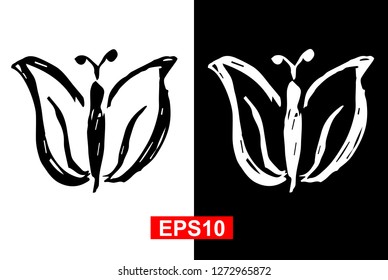 Black and White Vector Illustration of Hand Drawn Sketch of Butterfly Icon on Isolated Background