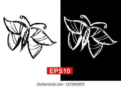 Black and White Vector Illustration of Hand Drawn Sketch of Butterfly Icon on Isolated Background