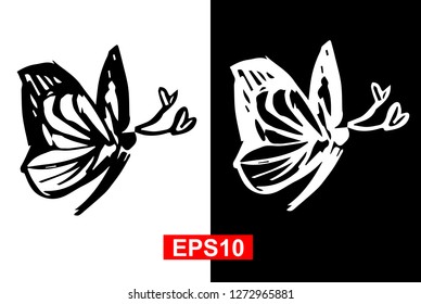 Black and White Vector Illustration of Hand Drawn Sketch of Butterfly Icon on Isolated Background