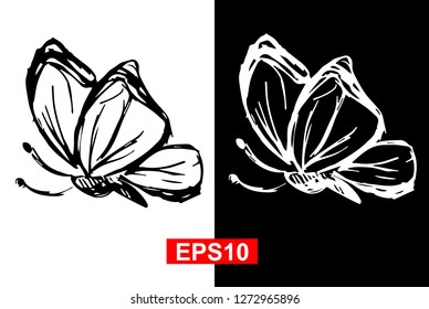 Black and White Vector Illustration of Hand Drawn Sketch of Butterfly Icon on Isolated Background