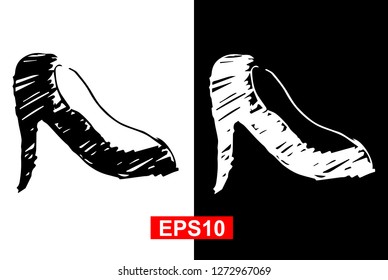 Black and White Vector Illustration of Hand Drawn Sketch of Heels Shoes Icon on Isolated Background