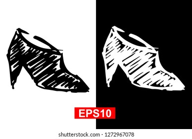 Black and White Vector Illustration of Hand Drawn Sketch of Heels Shoes Icon on Isolated Background