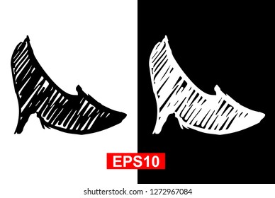 Black and White Vector Illustration of Hand Drawn Sketch of Heels Shoes Icon on Isolated Background