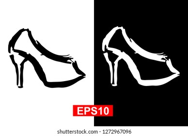 Black and White Vector Illustration of Hand Drawn Sketch of Heels Shoes Icon on Isolated Background