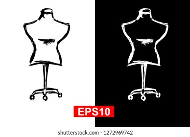 Black and White Vector Illustration of Hand Drawn Sketch of Mannequin Fashion Icon on Isolated Background