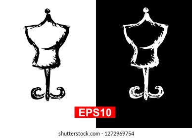 Black and White Vector Illustration of Hand Drawn Sketch of Mannequin Fashion Icon on Isolated Background