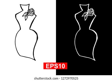 Black and White Vector Illustration of Hand Drawn Sketch of Women Dress Icon on Isolated Background