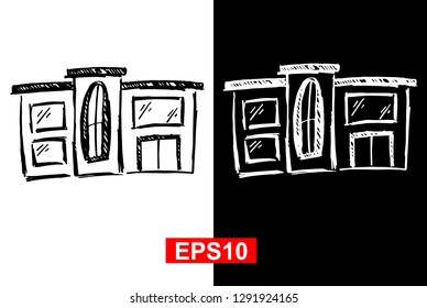 Black and White Vector Illustration of Hand Drawn Sketch of House Icon on Isolated Background