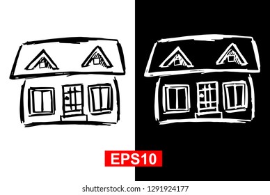Black and White Vector Illustration of Hand Drawn Sketch of House Icon on Isolated Background