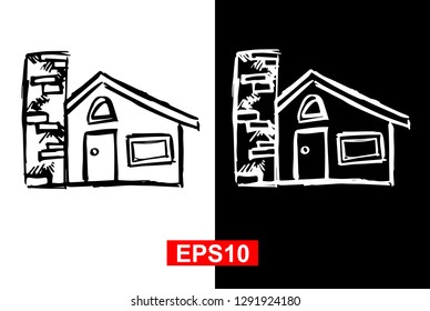Black and White Vector Illustration of Hand Drawn Sketch of House Icon on Isolated Background