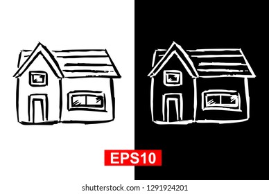 Black and White Vector Illustration of Hand Drawn Sketch of House Icon on Isolated Background