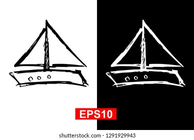 Black and White Vector Illustration of Hand Drawn Sketch of Marine Ship Icon on Isolated Background