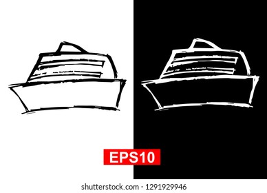Black and White Vector Illustration of Hand Drawn Sketch of Marine Ship Icon on Isolated Background