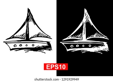 Black and White Vector Illustration of Hand Drawn Sketch of Marine Ship Icon on Isolated Background