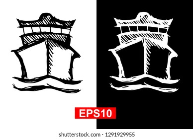 Black and White Vector Illustration of Hand Drawn Sketch of Marine Ship Icon on Isolated Background