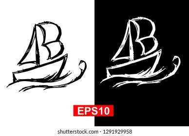 Black and White Vector Illustration of Hand Drawn Sketch of Marine Ship Icon on Isolated Background