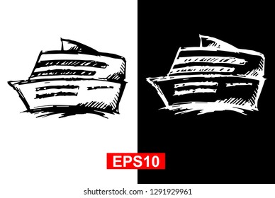 Black and White Vector Illustration of Hand Drawn Sketch of Marine Ship Icon on Isolated Background