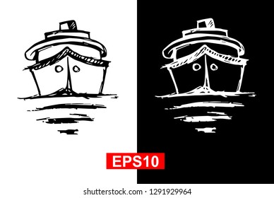 Black and White Vector Illustration of Hand Drawn Sketch of Marine Ship Icon on Isolated Background