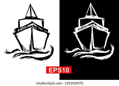 Black and White Vector Illustration of Hand Drawn Sketch of Marine Ship Icon on Isolated Background