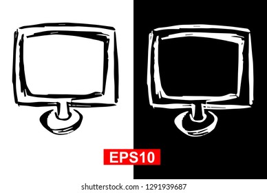 Black and White Vector Illustration of Hand Drawn Sketch of Computer Icon on Isolated Background