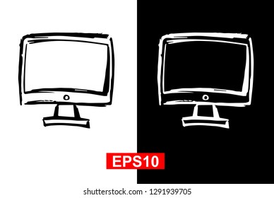 Black and White Vector Illustration of Hand Drawn Sketch of Computer Icon on Isolated Background