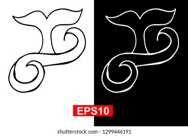 Black and White Vector Illustration of Hand Drawn Sketch of Whale Tail Icon on Isolated Background