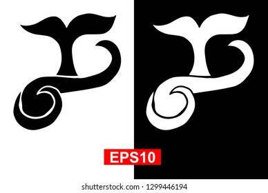 Black and White Vector Illustration of Hand Drawn Sketch of Whale Tail Icon on Isolated Background