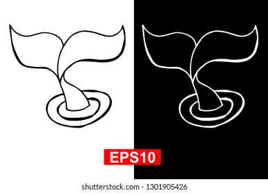 Black and White Vector Illustration of Hand Drawn Sketch of Whale Tail Icon on Isolated Background