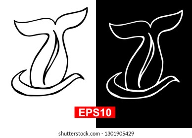 Black and White Vector Illustration of Hand Drawn Sketch of Whale Tail Icon on Isolated Background