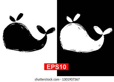 Black and White Vector Illustration of Hand Drawn Sketch of Whale Animal Icon on Isolated Background
