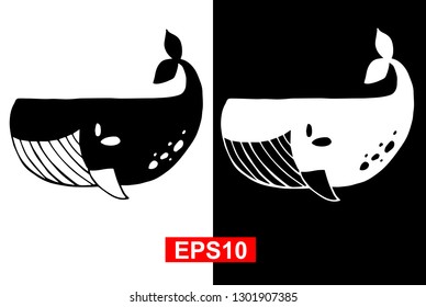 Black and White Vector Illustration of Hand Drawn Sketch of Whale Animal Icon on Isolated Background