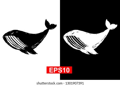 Black and White Vector Illustration of Hand Drawn Sketch of Whale Animal Icon on Isolated Background