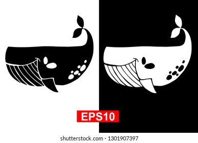 Black and White Vector Illustration of Hand Drawn Sketch of Whale Animal Icon on Isolated Background