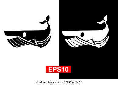 Black and White Vector Illustration of Hand Drawn Sketch of Whale Animal Icon on Isolated Background